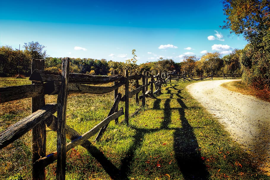 brown, wooden, farm fence, road, day, dirt road, field path, gravel road, fence, hdr