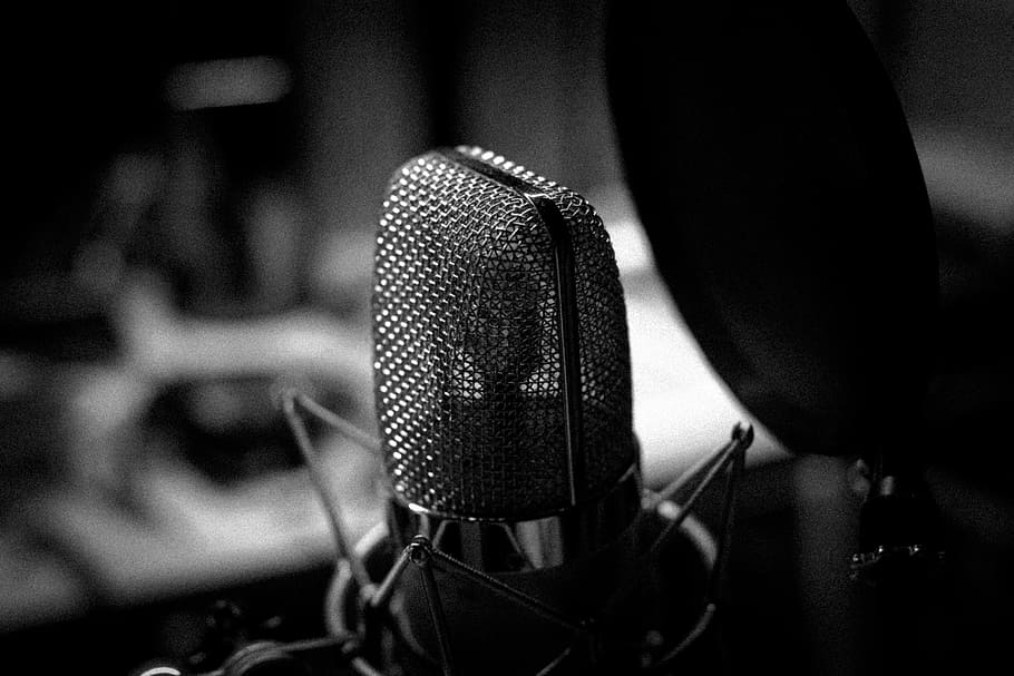 grayscale photography, condenser microphone, music, microphone, black and white, focus on foreground, people, recording studio, indoors, adult