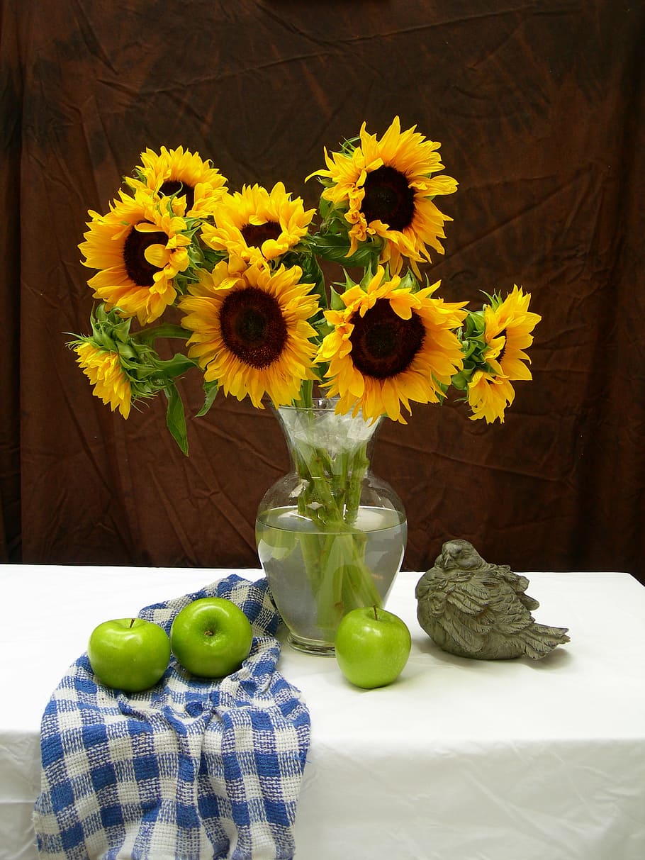 sunflowers, clear, glass vase, apples, still life, fruit, life, flower, bouquet, tablecloth