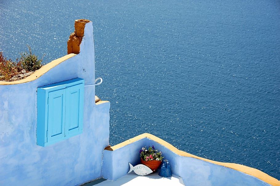 closed, brown, wooden, cabinet, blue, concrete, wall, santorini, island, color
