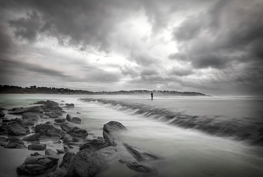 grayscale photography, seaside, storm, beach, ocean, moody, seascape, dramatic, outdoor, scenic