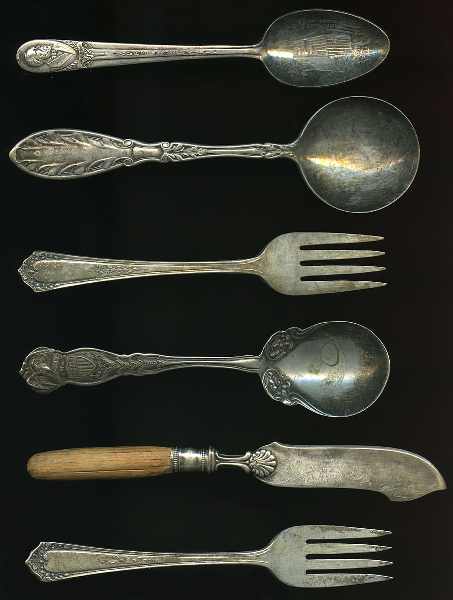 gray steel ladles, antique forks, antique spoons, antique, fork, spoon, old, kitchen, retro, vintage