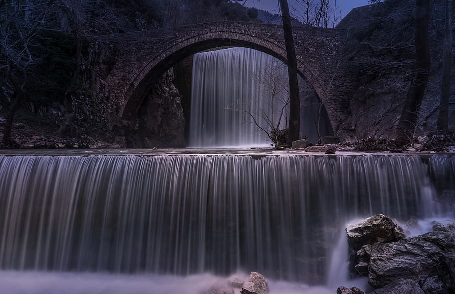 waterfall, river, old bridge, water, nature, stream, landscape, cascade, outdoors, scenic