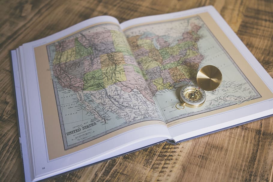direction compass, opened, map, atlas, book, sheets, pages, compass, travel, world