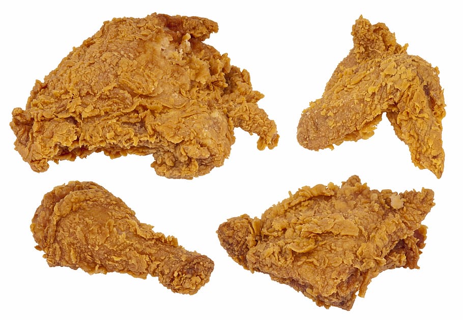 four fried chickens, food, eat, diet, fried, chicken, set, white background, cut out, brown