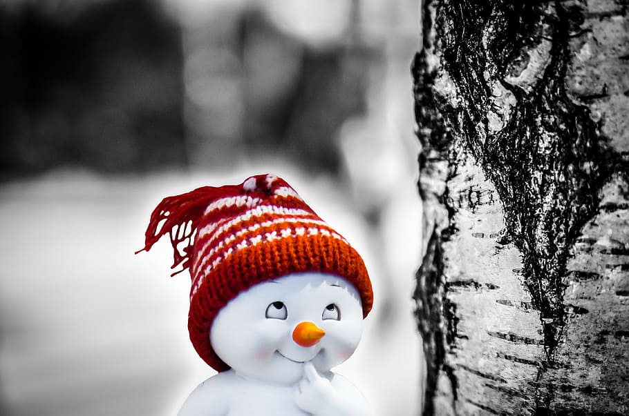 snowman, wearing, red, knit, hat illustration, snow man, smile, consider, wag, prank