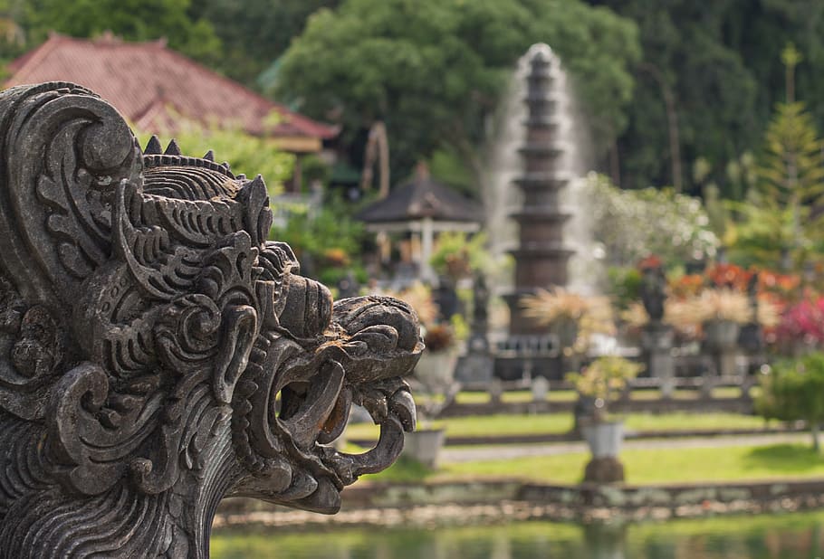 brown dragon statue, bali, water palace, holiday, places of interest, dragon, statue, around the world, fountain, water