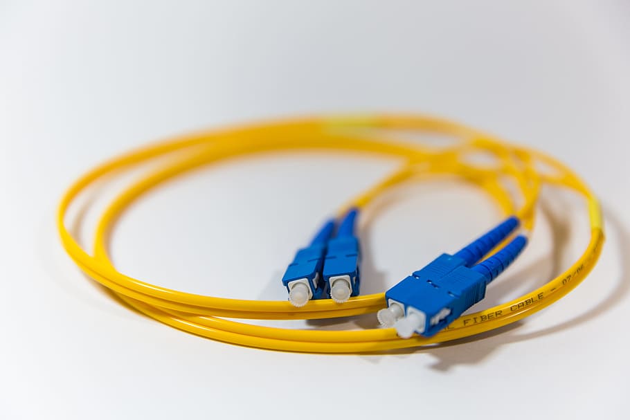 selective, focus photography, yellow, coated, wire, networking, fiber optics, communication, technology, network