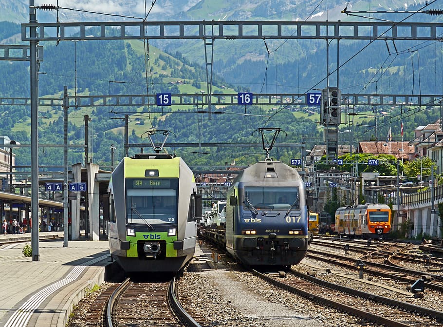 two, trains, train rails, daytime, switzerland, railway station spiez, bls, colorful train, transport, freight train