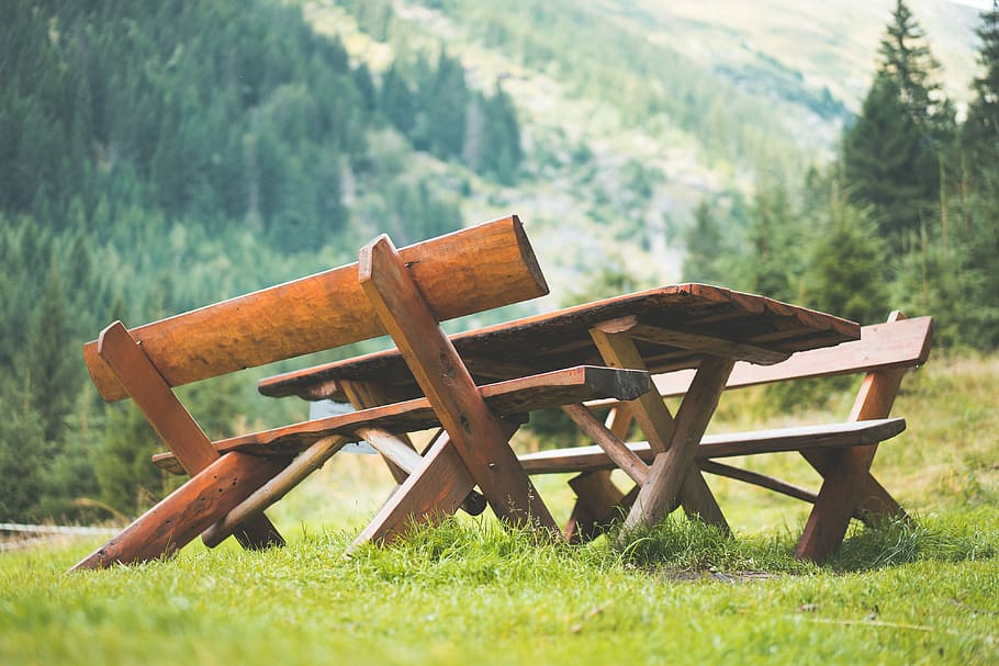 picnic seating area, Wooden, Picnic, Seating, Area, Middle, Mountains, forest, grass, nature