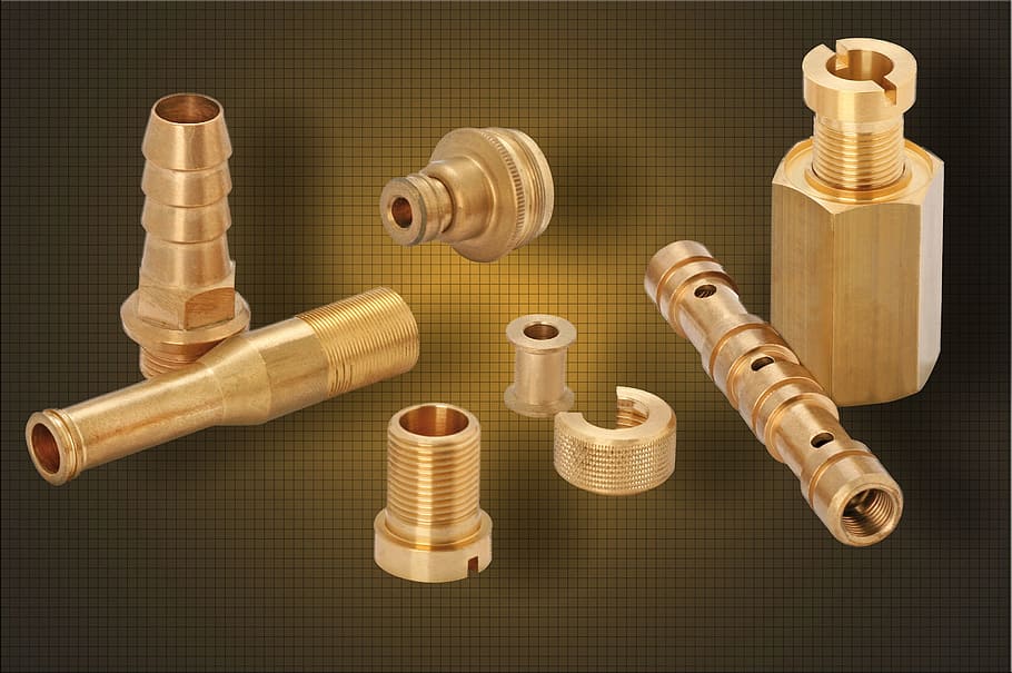 gold-colored machine parts, Brass, Repair, Metal, Spare Parts, metalworking, technology, industry, lathe, cnc