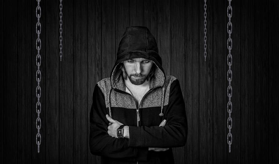chains, chain, worried, man, male, hooded, hoodie, people, trapped, look