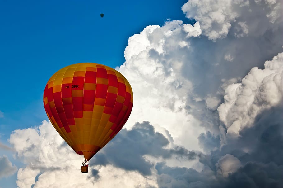 yellow, red, hot, air balloon, white, sky, daytime, hot air, balloon, hot air balloon