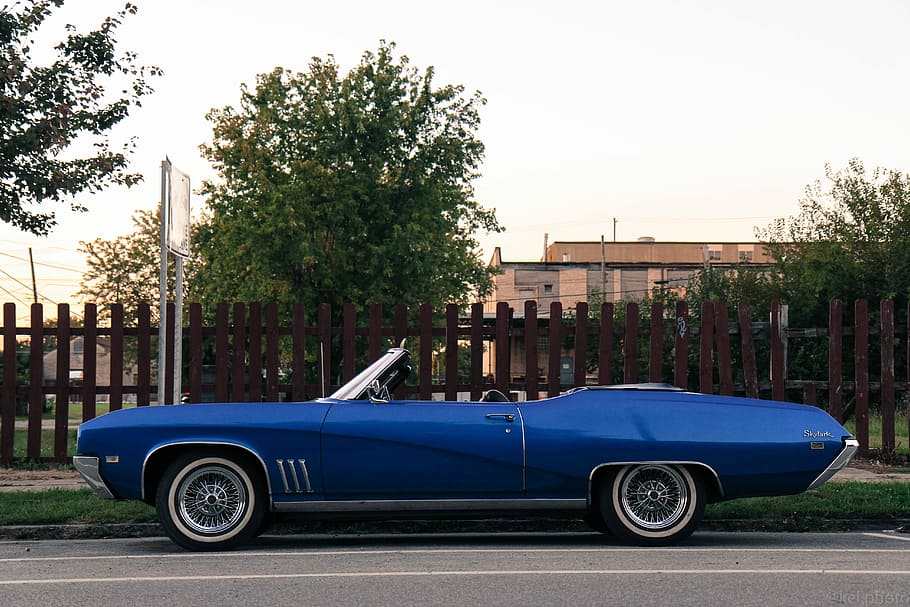 parked, blue, convertible, hood car, brown, wooden, fence, hood, car, vintage Car
