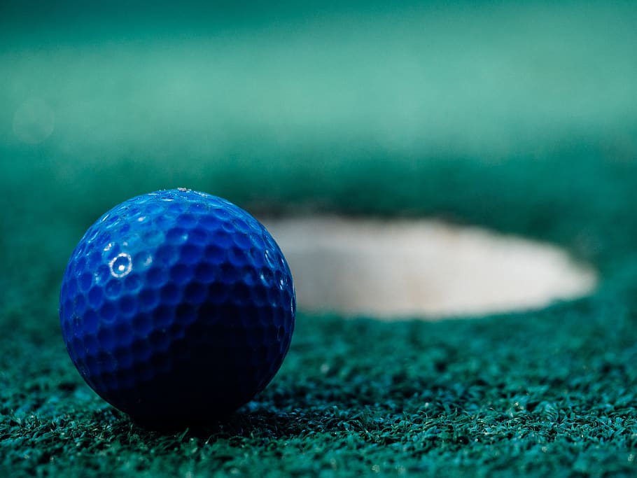 golf, pelota, verde, deportes, diversión, azul, agujero, Pelota de golf, primer plano, actividad