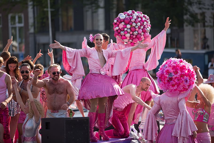 people, wearing, pink, suits, parade, outdoors, pride, channel, gay, party