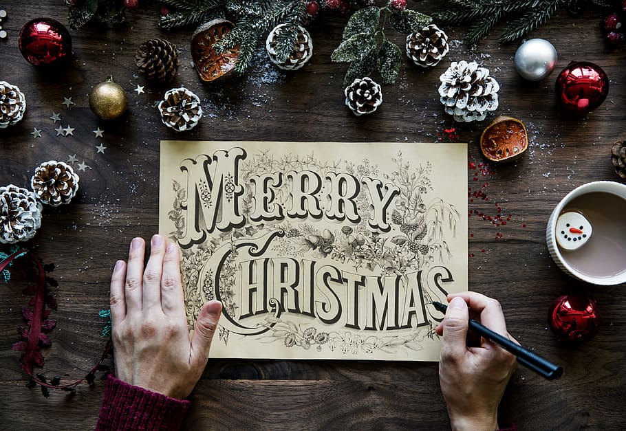 person, writing, merry, christmas, white, paper, merry christmas, background, card, celebrate