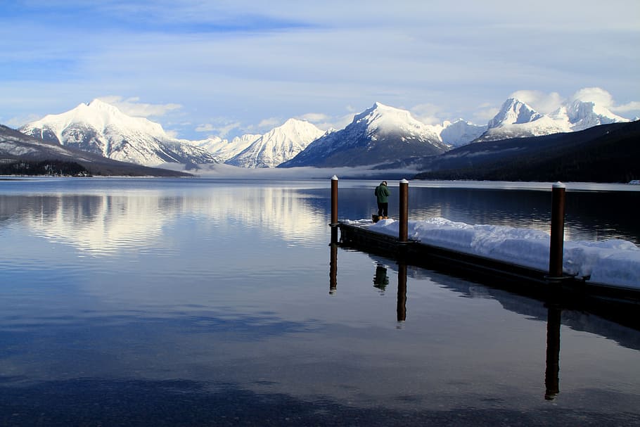 Musim dingin, Memancing, Danau McDonald, badan air, dermaga, tenang, gunung, air, pemandangan - alam, keindahan di alam