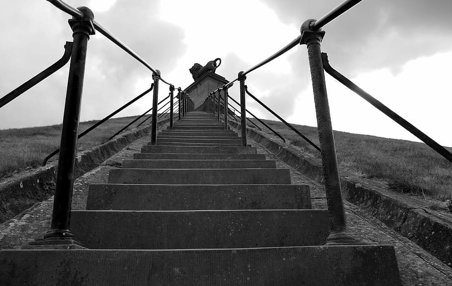Blanco y negro, Waterloo, Bélgica, León, pasos, escalones y escaleras, al aire libre, día, cielo, una persona