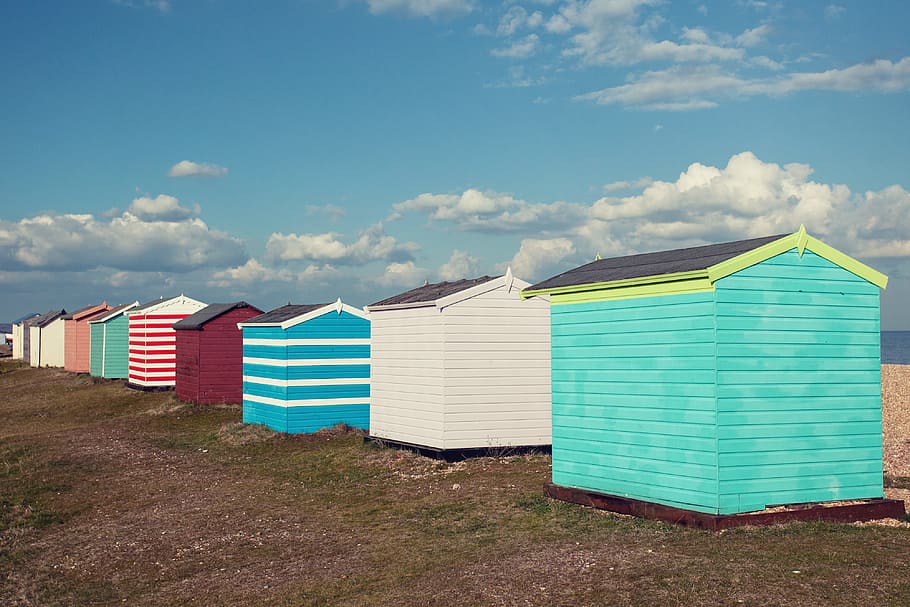 cabanas de praia, sente-se, costa, sul, inglaterra., capturado, canon dslr, Colorido, Greatstone, Kent