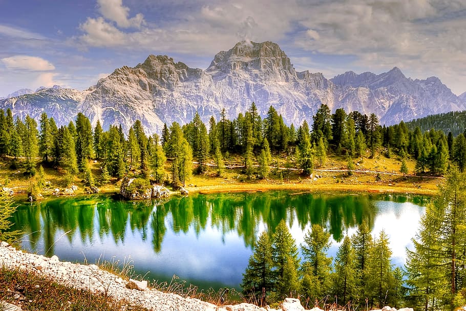 landscape photography, body, water, trees, cloudy, sky, dolomites, mountains, italy, alpine