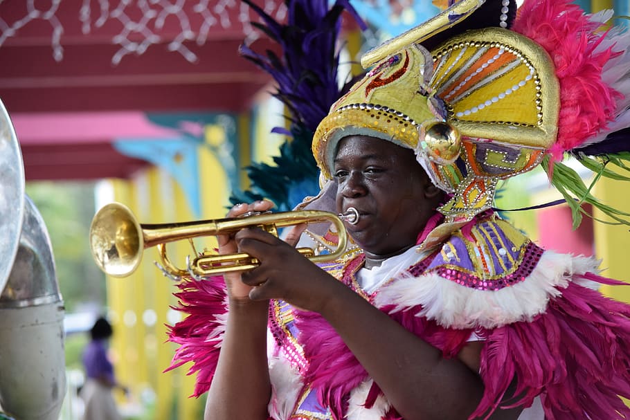 seletiva, fotografia de foco, homem, tocando, trombone, Nassau, férias, viagens, Bahamas, Caribe