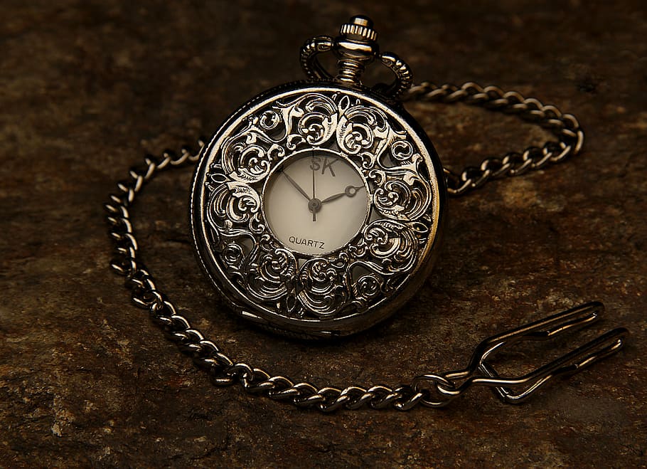 silver-colored pocket, watch, link, strap, pocket watch, jewel, chain, stone, time, clock
