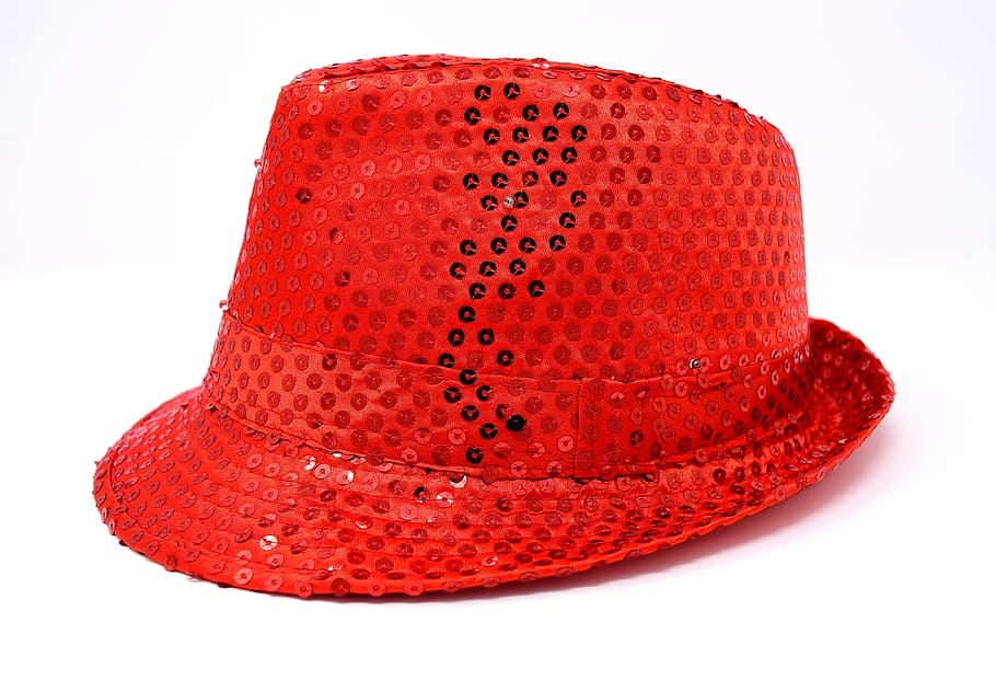 red, sequin fedora hat, hat, sequins, headwear, woman, blue, new year's eve, carnival, party