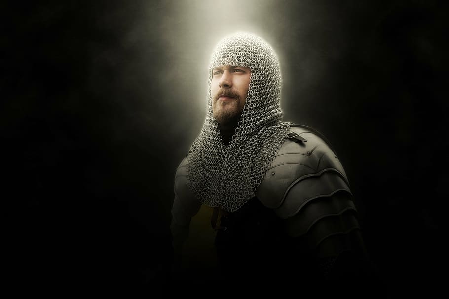 man, silver-colored armor suit, knight, armor, chainmail, middle ages, historically, face, sword fighters, warrior