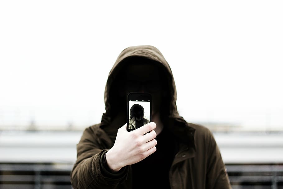man, wearing, brown, hoodie photography, selfie, mobile, phone, portrait, hood, hoodie