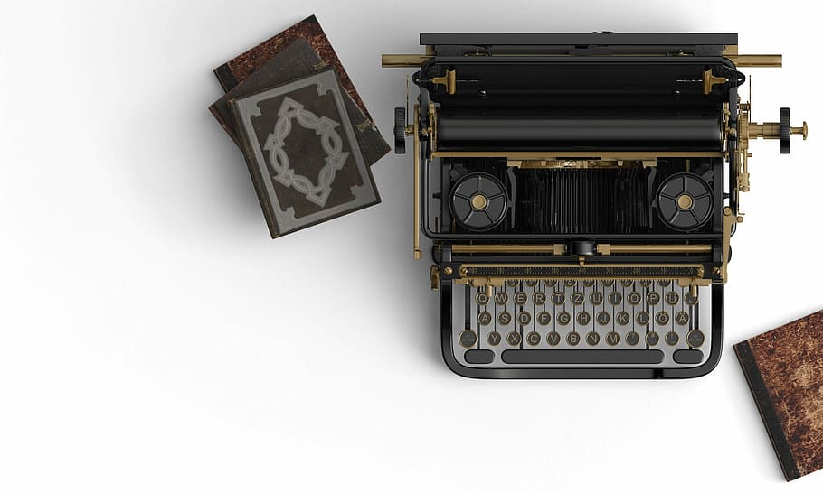 vintageblack, gold typewriter, typewriter, books, book stack, historic, vintage, retro, print, antique