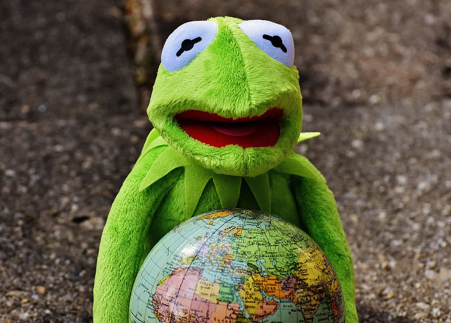 embrace the whole world, kermit, frog, funny, soft toy, stuffed animal, cute, globe, green color, focus on foreground