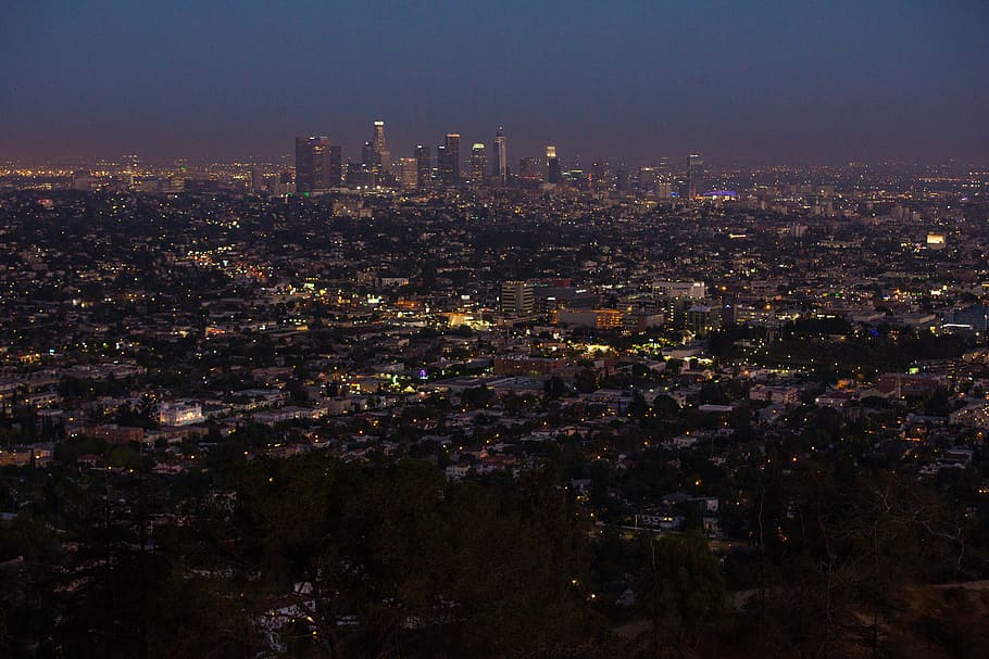 aerial, cityscape, night time, los angeles, la, city, los, angeles, skyline, downtown