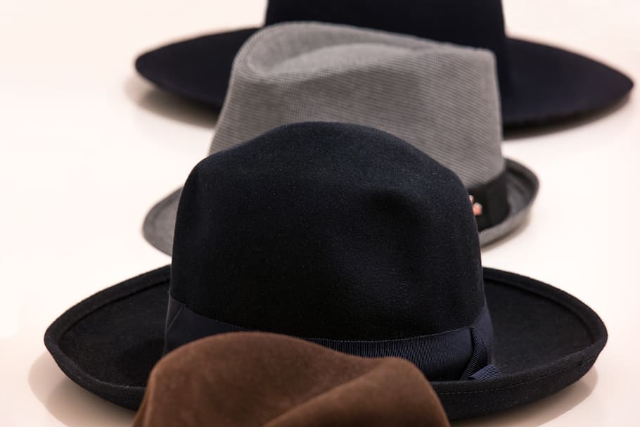 sombreros, fieltro, sombrero de fieltro, hutkrempe, fieltro de lana, ropa, tocado, color negro, en el interior, sombrero