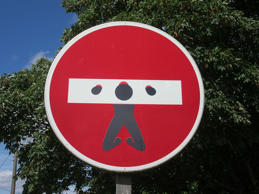 panel, logo, road sign, man, prison, no entry, clet, red, circle, tree