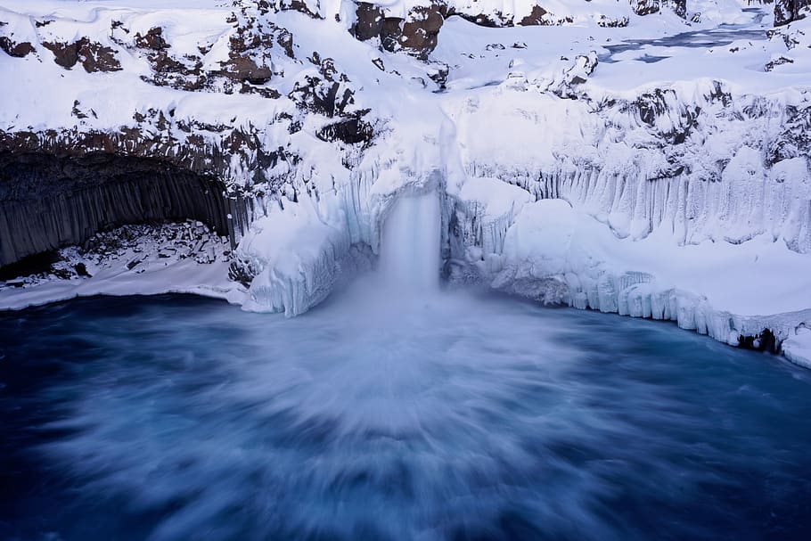 waterfall, iceberg, snow, winter, mountain, hill, water, beauty in nature, cold temperature, scenics - nature