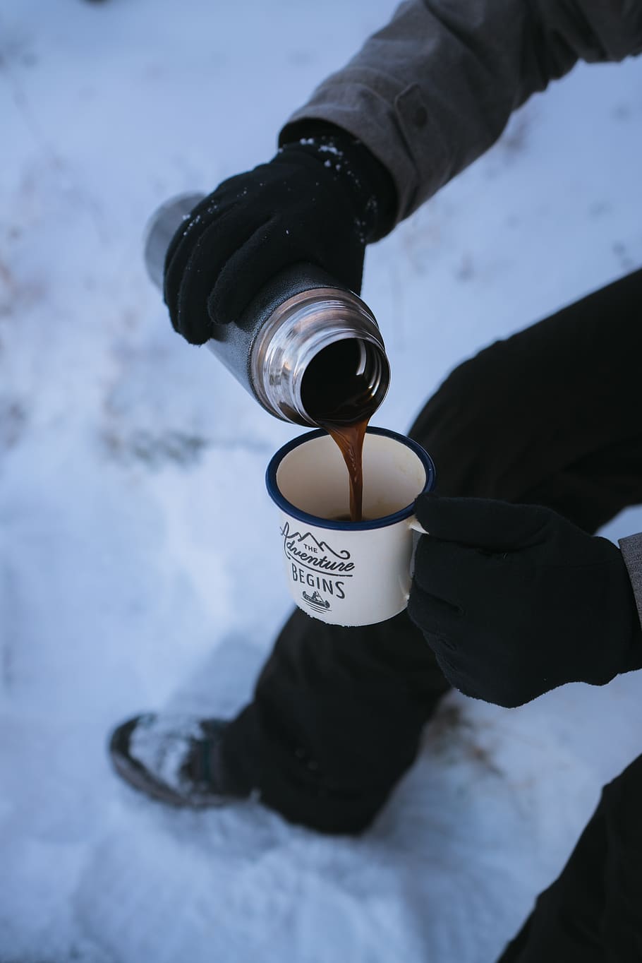 adventure, coffee, mug, cup, cold, food, drink, frost, hike, man