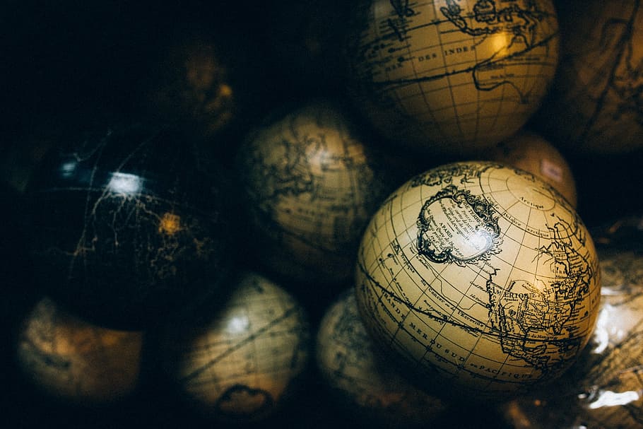 escritorio, lote de globo, surtido, mapa, bolas, globos, mapas, mundo, atlas, viaje