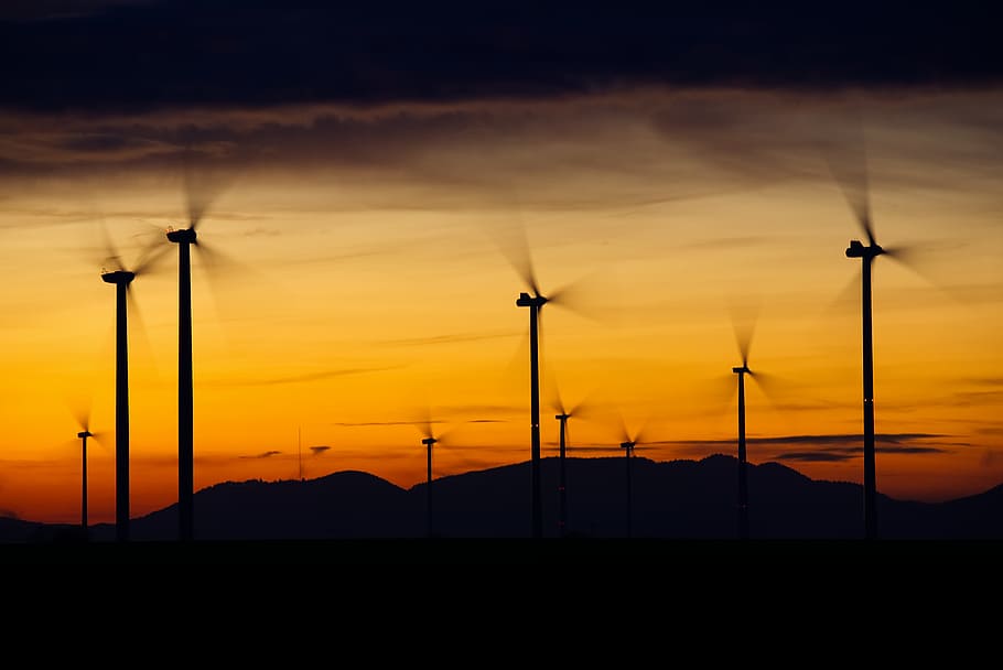silhouette of windmills, windräder, wind power, energy, blue, environmental technology, rotor, current, turn, power generation