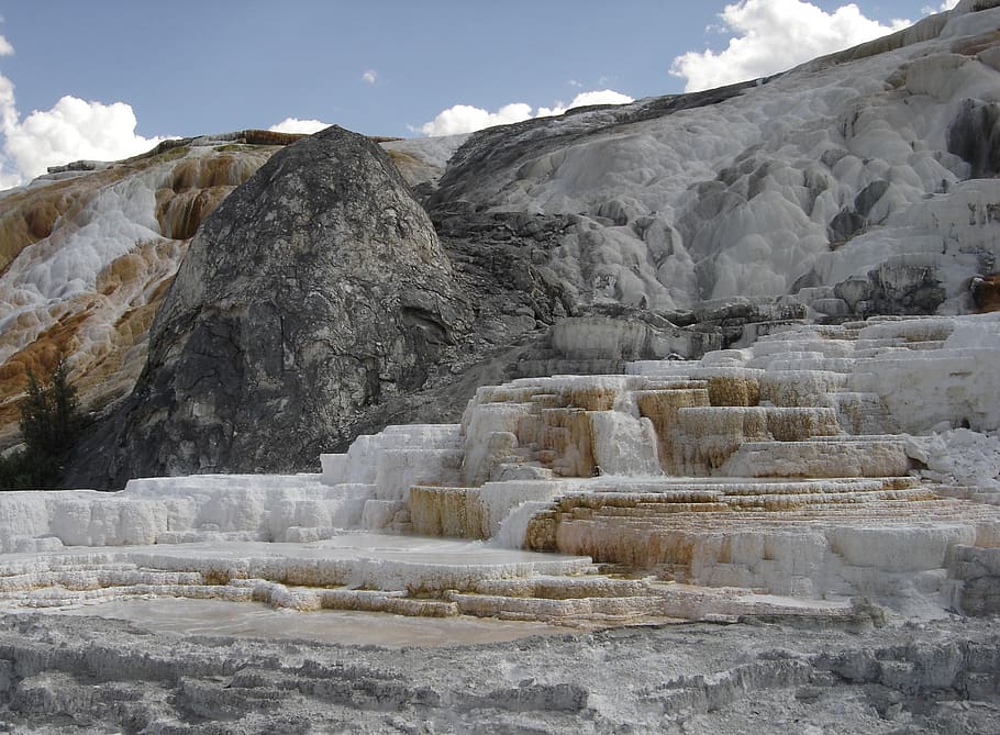 yellowstone, mammoth hot springs, wyoming, sky, beauty in nature, scenics - nature, mountain, nature, environment, cloud - sky
