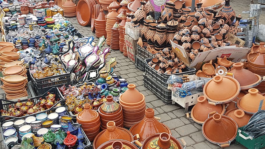 tajine, market, morocco, bazaar, africa, pottery, retail, market stall, choice, large group of objects