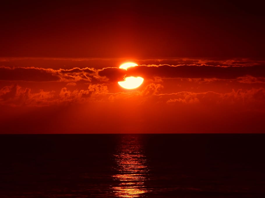 foto, océano, dorado, hora, puesta de sol, nubes, cielo, rojo, cloudscape, dramático