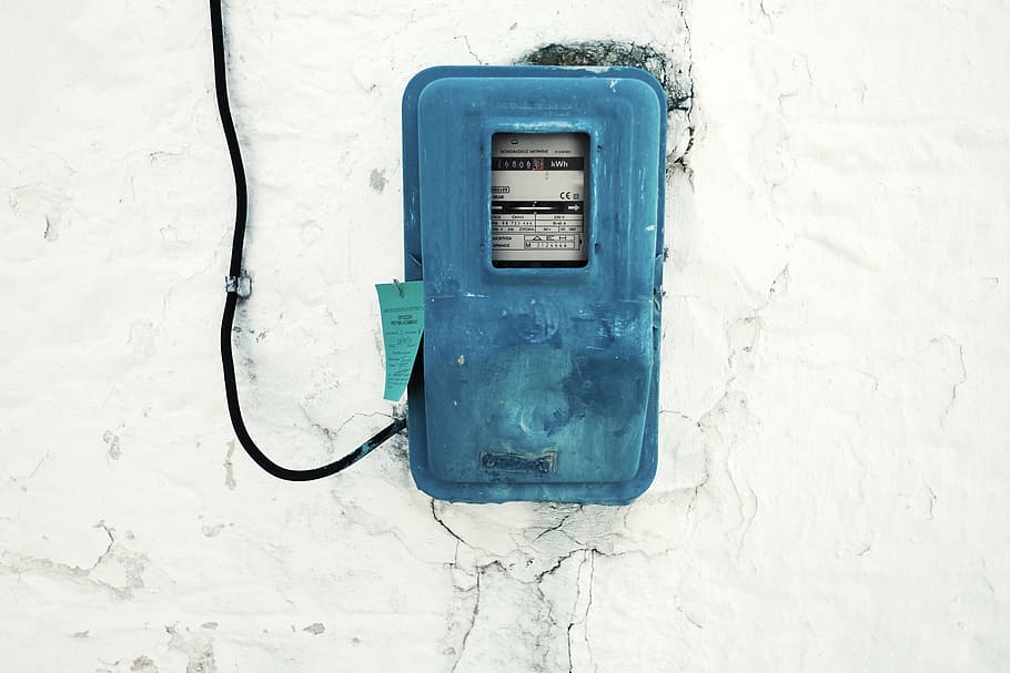 teal distribution panel, white, wall, hydro, meter, electricity, blue, box, wire, wall - building feature