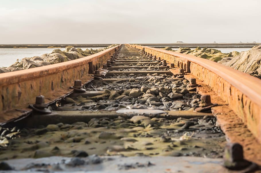railway, beach, leave, old, rusty, out of date, blank, wide, lonely, sky