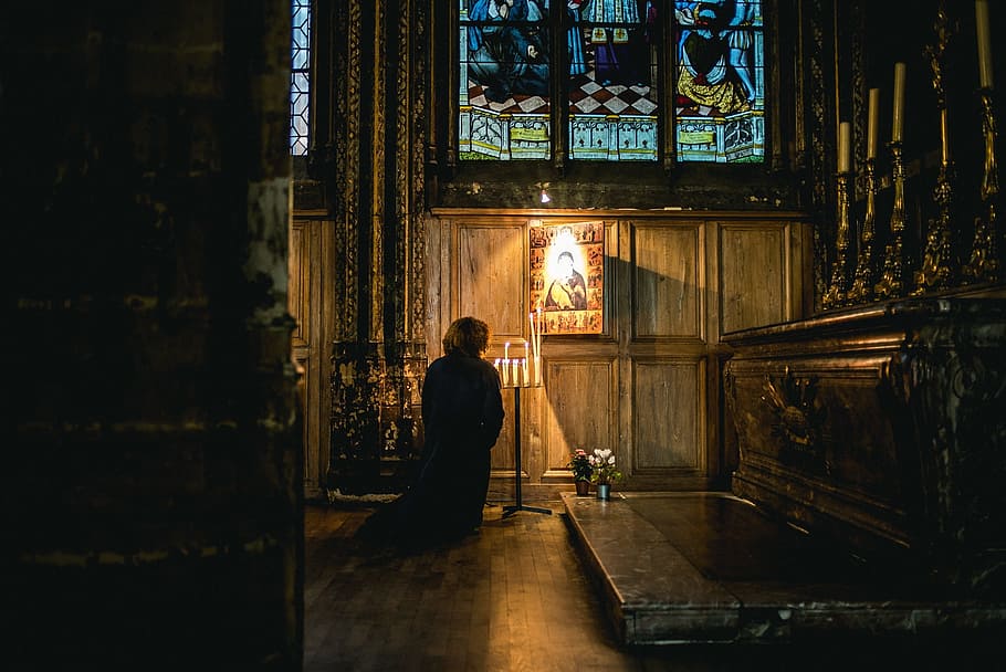 person, kneeling, inside, cathedral, pray, church, worship, religious, prayer, contemplation