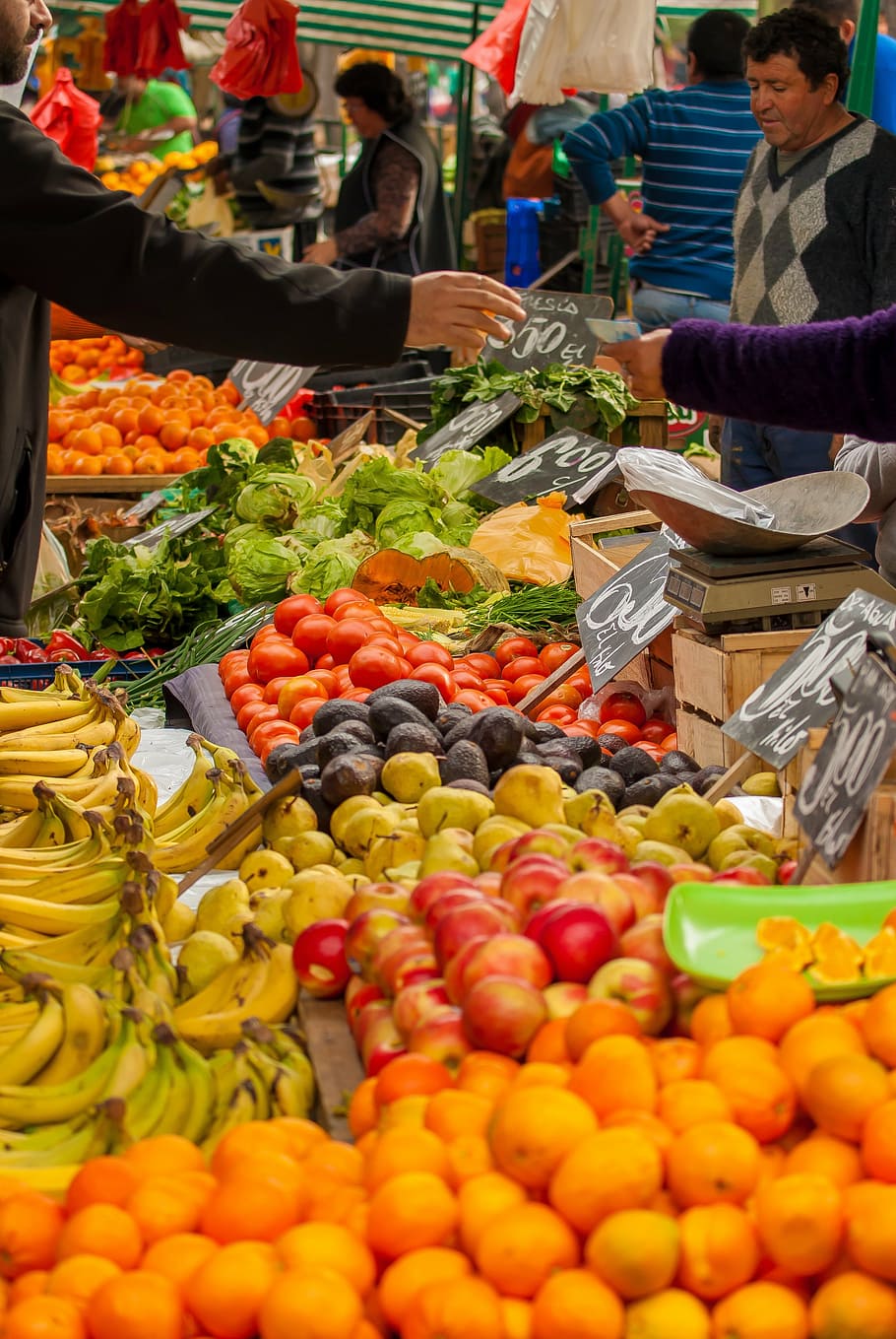 tomates, legumes, fruta, vegetal, mercado, venda, poder, banana, laranjas, peras