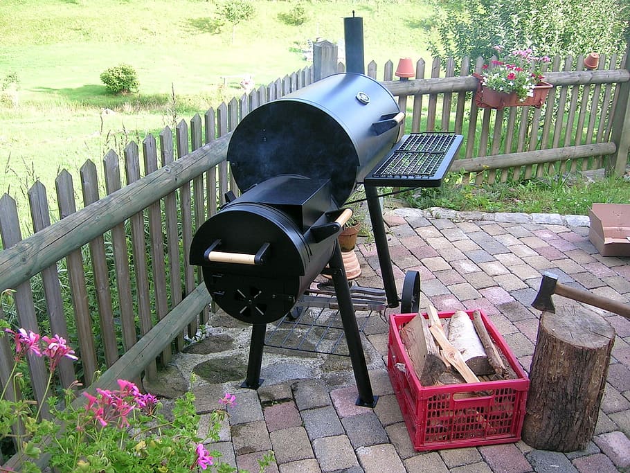 black, steel charcoal grill, barbecue, wood, bbq, hot, plant, day, nature, railing
