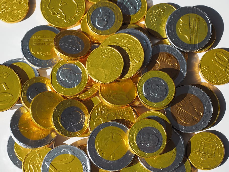 Uang, Koin, Cokelat, Taler, cokelat taler, koin cokelat, euro, emas, perak, harta