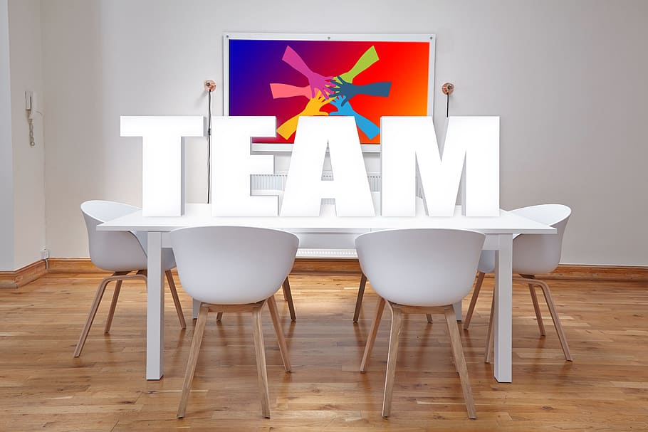 team, standing, letter, white, wooden, table, taken, lighted, room, conference