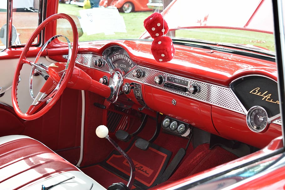 chevy, bel air, clássico, carro, automático, vintage, retrô, traço, interior, vermelho